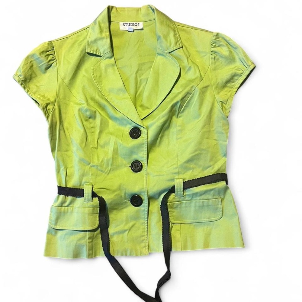 Studio I Green Button Down Top w/ Black Tie Belt Short Sleeve Sz 12 y2k